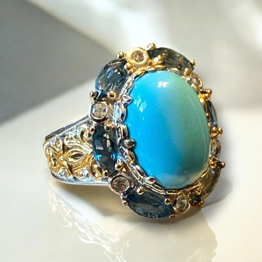 Gems en Vogue Sleeping Beauty Turquoise & London Blue Topaz Statement Ring Sze 7
